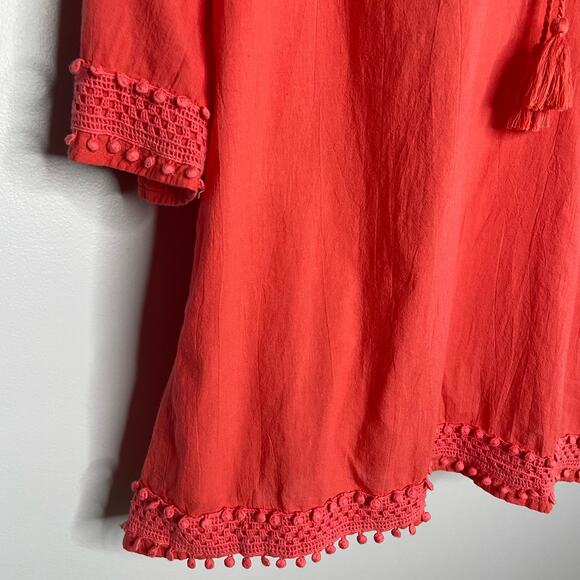Marabella Tunic Tie Tassel Neck Crochet Details Top Red orange Medium - Picture 6 of 10